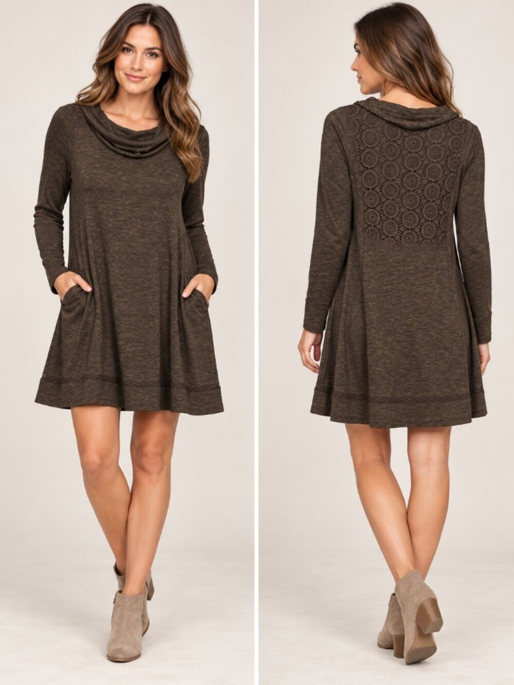 Anthropologie Saturday Sunday M Olive Cowl Neck Lace Mini Tunic Dress Pockets